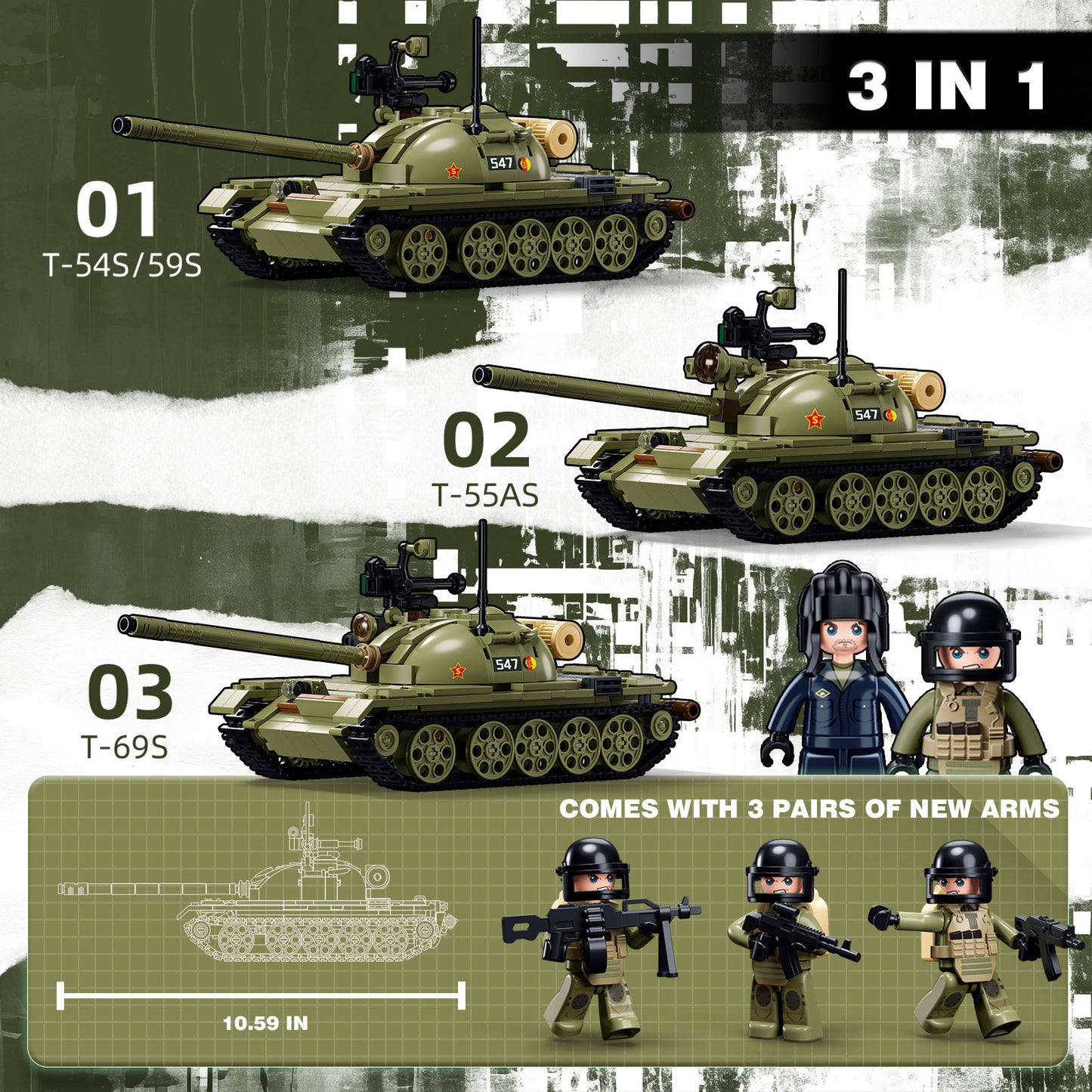 T-54/T-55/T-69 Armeepanzer-Bausatz, 604 Teile
